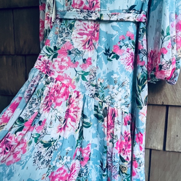 Eliza J Floral Metallic Surplice V Neck Long Sleeve High Low Wrap Maxi Dress 6 - Picture 14 of 16